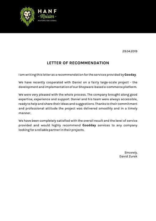 Reference letter from Hanf-Meister, page 1