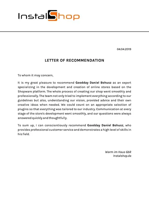 Reference letter from Instal-Shop, page 1